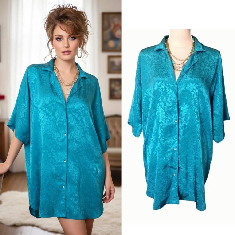 VTG 80s Victoria's Secret Teal Floral Satin Button Up Oversized Sleep Shirt M/ L